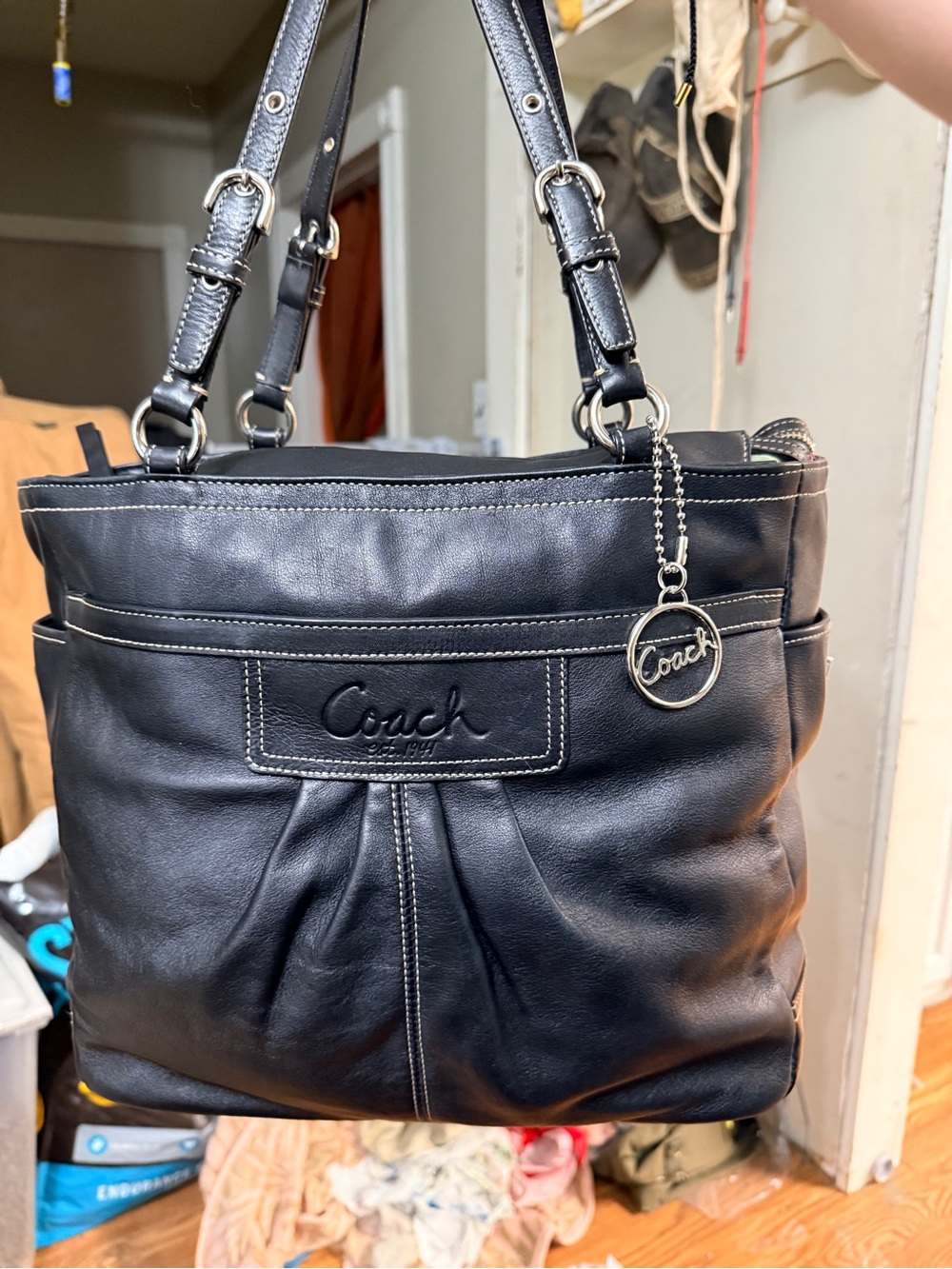 Coach Black Leather Shoulder Bag with Logo Charm
